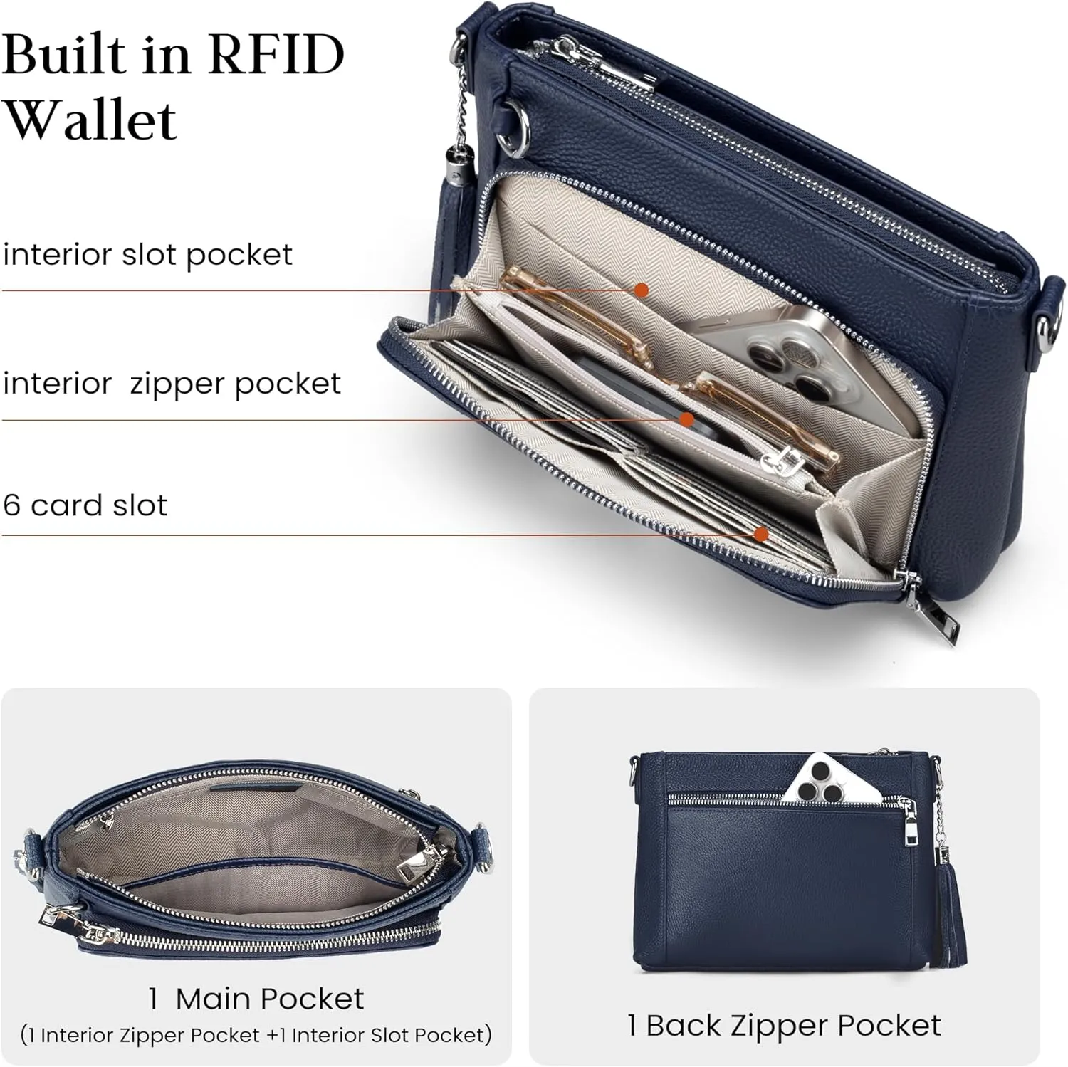befen Anti Theft Genuine Leather Crossbody Bags for Women Handbags and Shoulder Basg with Built in Wallet RFID Leather Purse