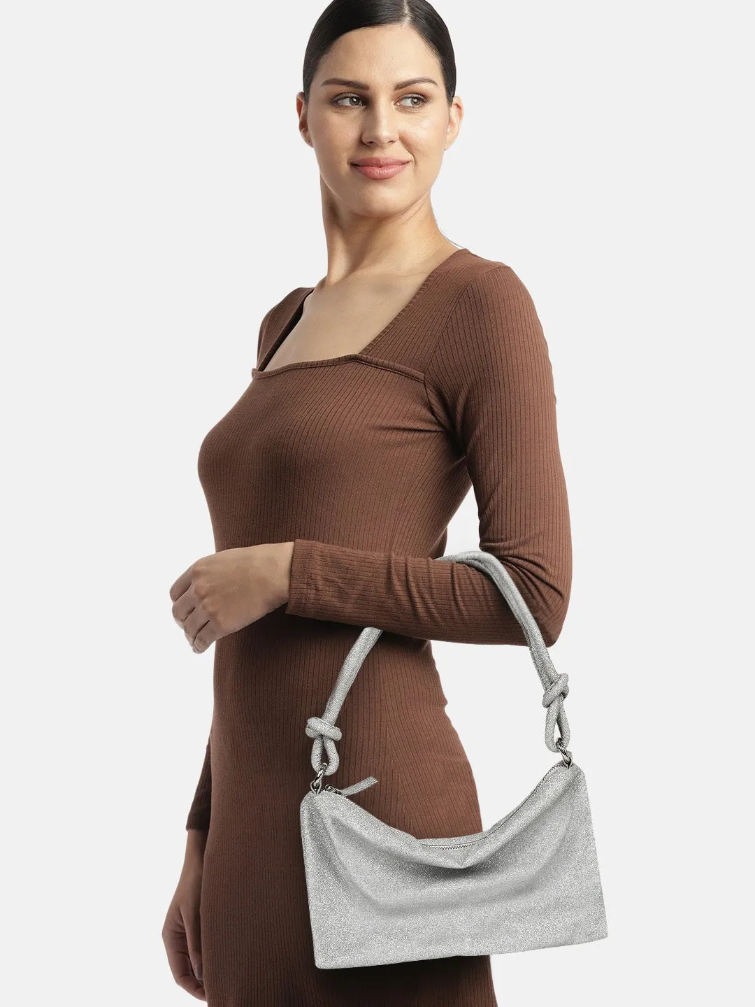 Berrylush Women Silver Textured Pattern PU One Handle Swagger Regular Shoulder Bag