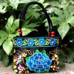Big Peony Embroidery Ethnic Travel Women Shoulder Bags Handmade Canvas Wood Beads Handbag