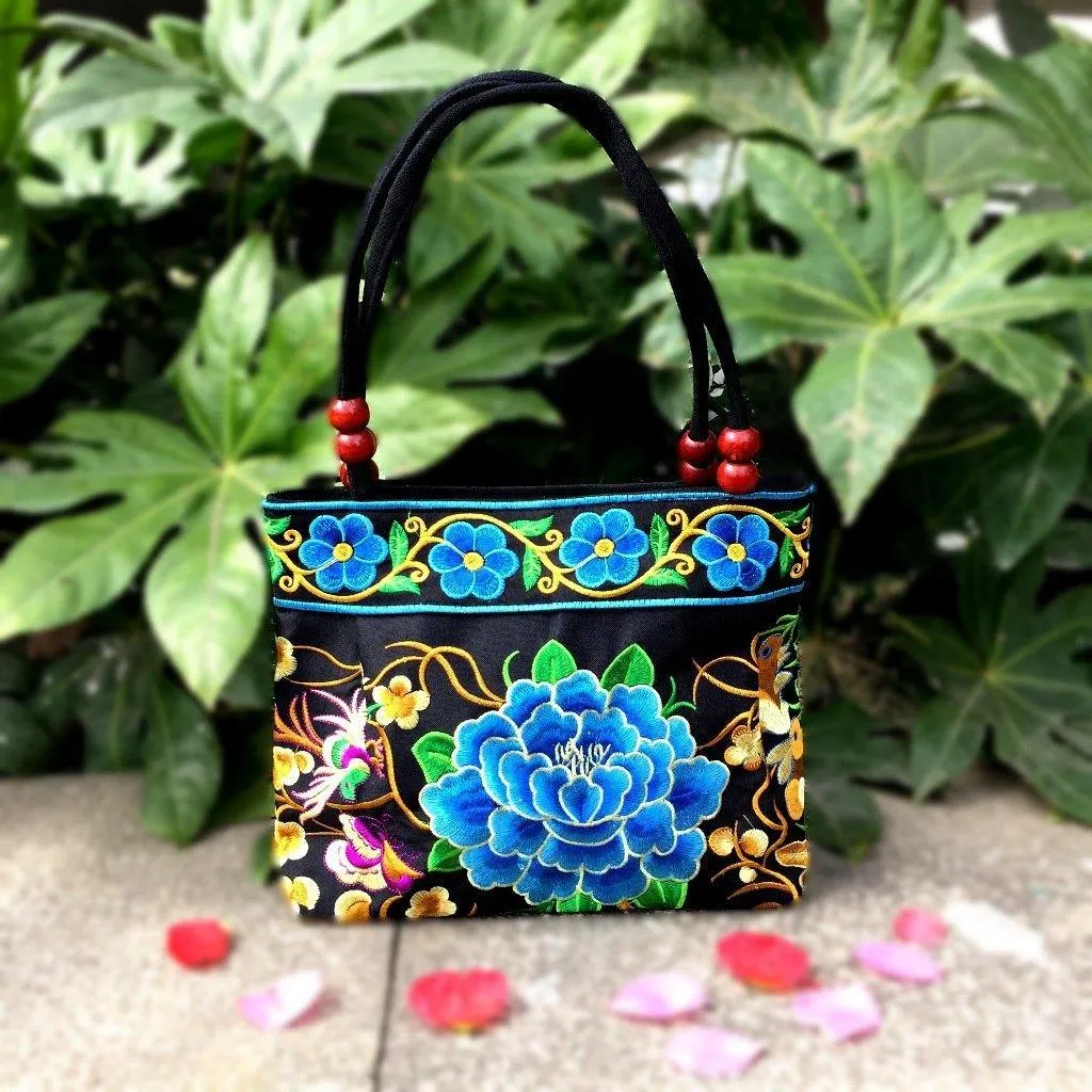 Big Peony Embroidery Ethnic Travel Women Shoulder Bags Handmade Canvas Wood Beads Handbag