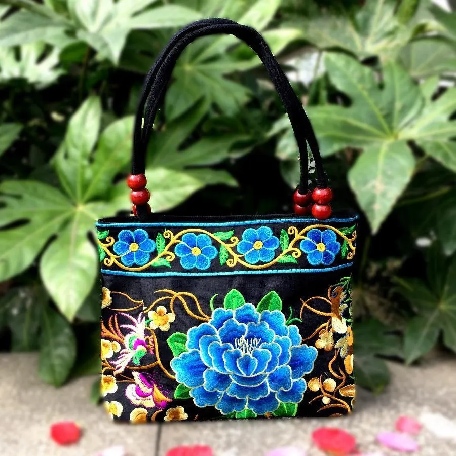 Big Peony Embroidery Ethnic Travel Women Shoulder Bags Handmade Canvas Wood Beads Handbag