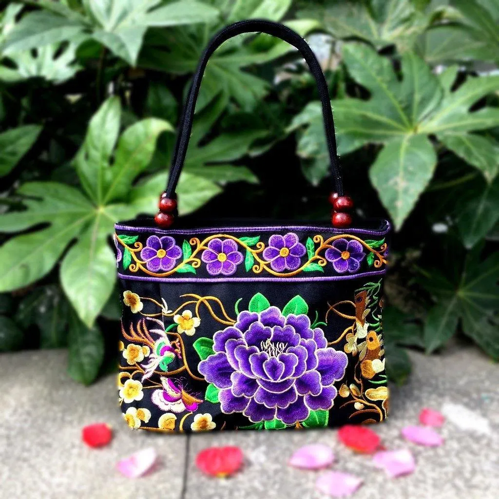 Big Peony Embroidery Ethnic Travel Women Shoulder Bags Handmade Canvas Wood Beads Handbag