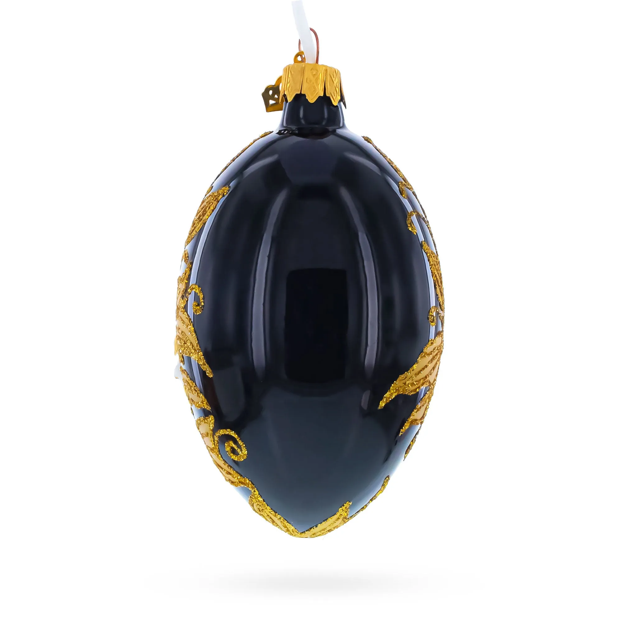 Black and Gold Floral with Jewel Accents Glass Egg Ornament