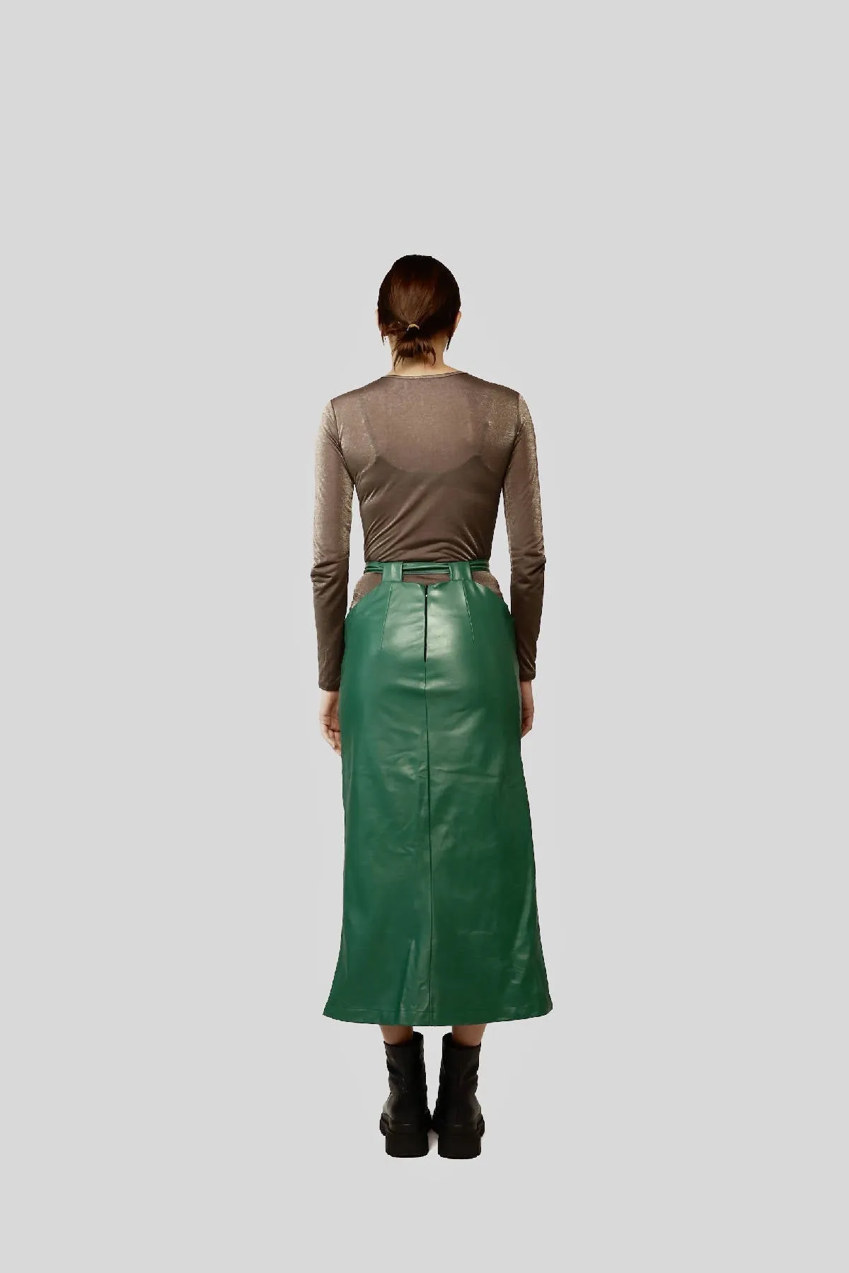 Casual Midi Leather Skirt in Light Moss Green