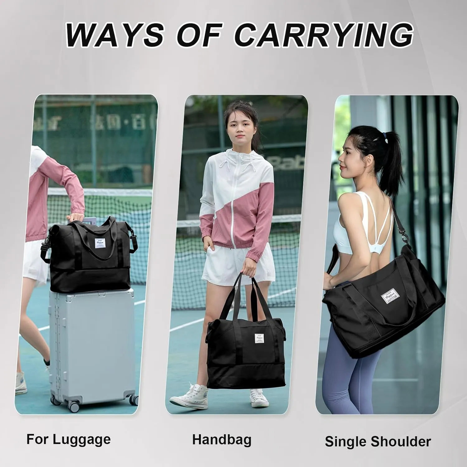 Expandable Travel Duffle Bag for Women Men, Large Gym Bag Travel Tote Bags, Waterproof Carry On Personal Item Bag Airline Approved, Workout Weekender Bag for Overnight Trips with Luggage Sleeve, Black