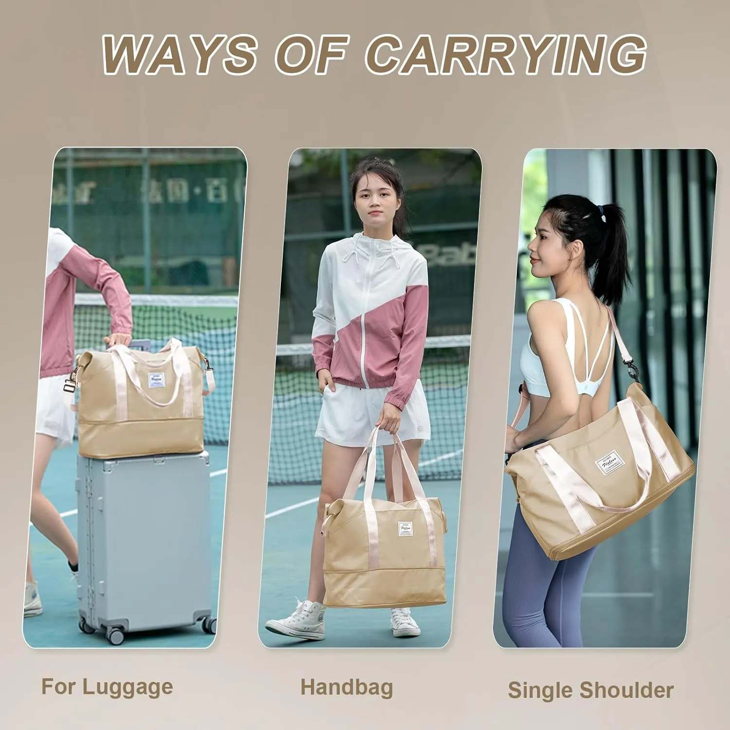 Expandable Travel Duffle Bag for Women Men, Large Gym Bag Travel Tote Bags, Waterproof Carry On Personal Item Bag Airline Approved, Workout Weekender Bag for Overnight Trips with Luggage Sleeve, Khaki