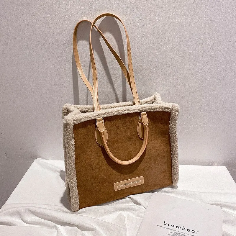 Faux Lamb Wool Shoulder Bags for Women Winter 2021 Hairy Ladies Tote Shopper Bag Fashion Brown Female Handbag Autumn Designer