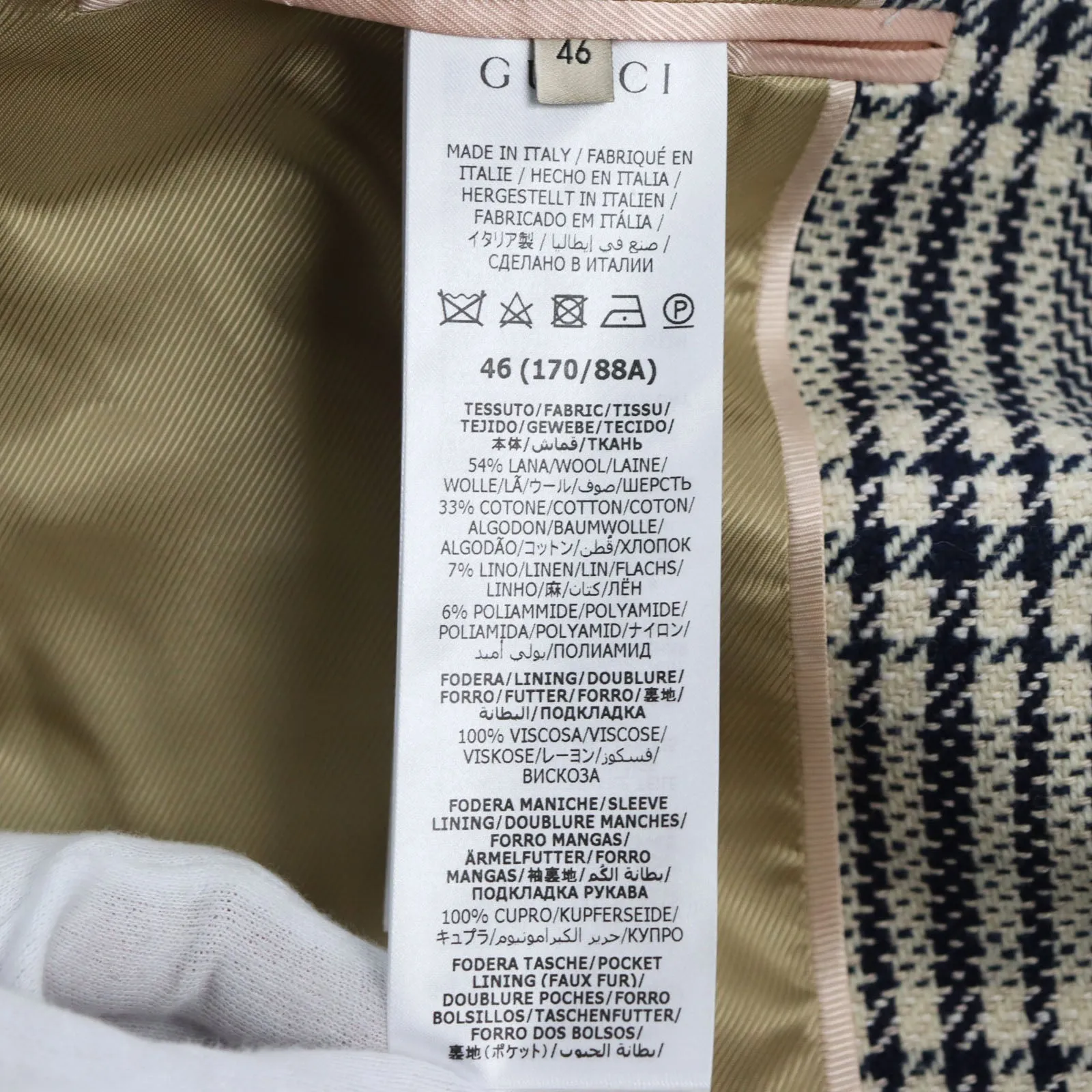 GUCCI tailored jacket 712855 Outer material: 54% wool, 33% cotton, 7% linen, 6% polyamide (nylon), 100% rayon lining, 100% cupra sleeve lining, 100% cotton pocket lining Blue Ivory HA HA HA CHECK JACKET mens 46 Used