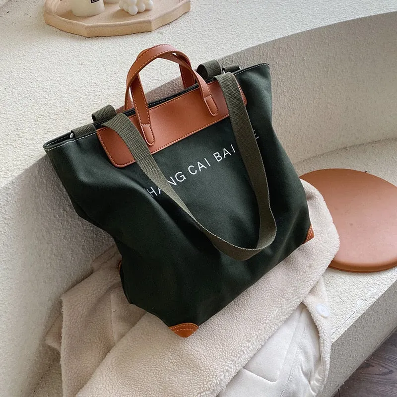 Halloween 2021 casual canvas women handbags designer letters shoulder crossbody bags female large capacity tote leather patchwork shopper bag