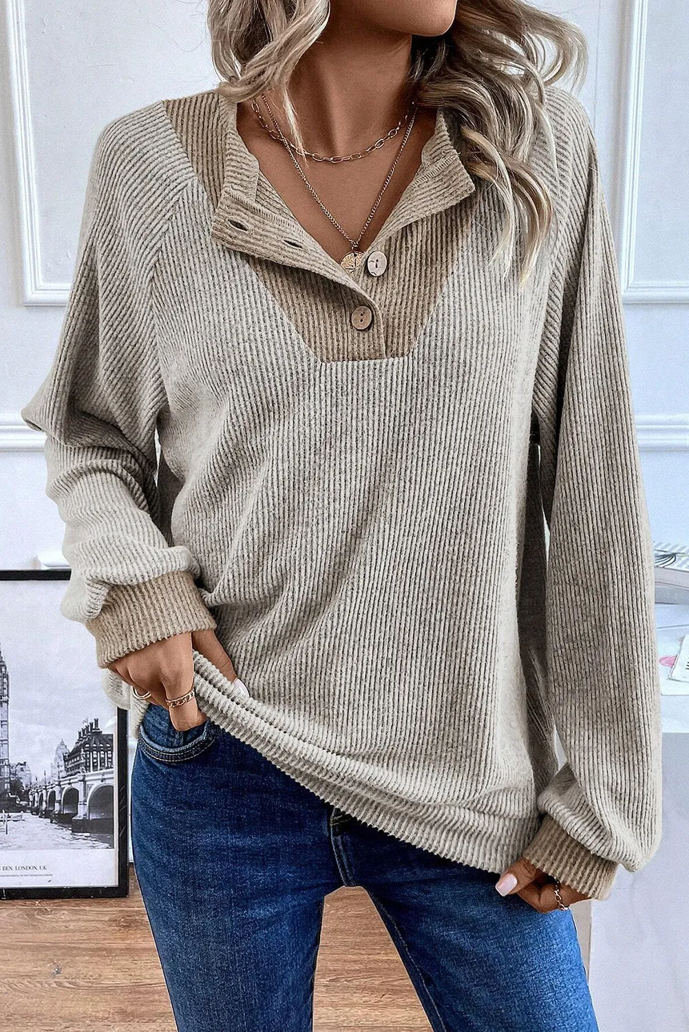 Jet Stream Colour Contrast Ribbed Loose Fit Long Sleeve Top