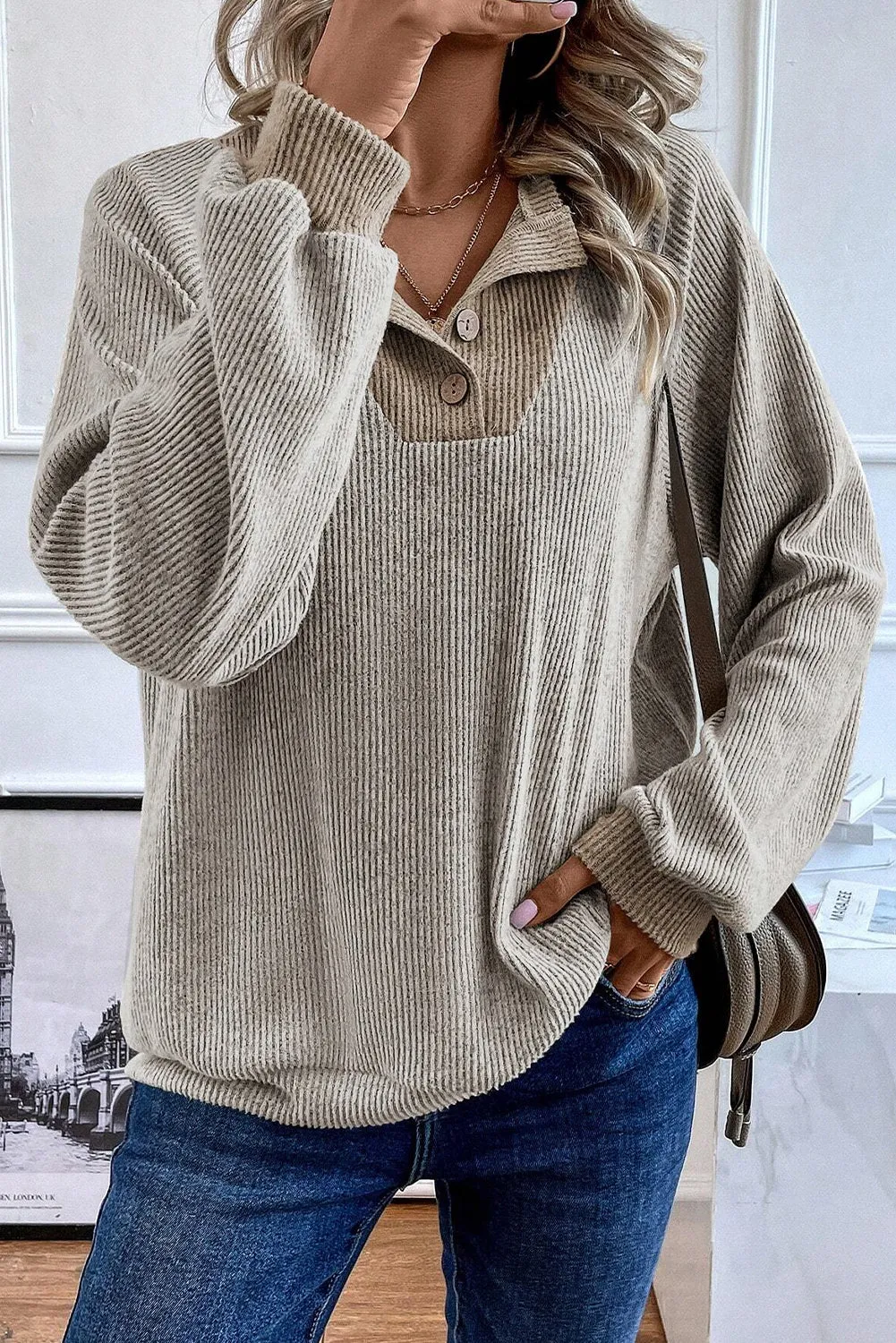 Jet Stream Colour Contrast Ribbed Loose Fit Long Sleeve Top