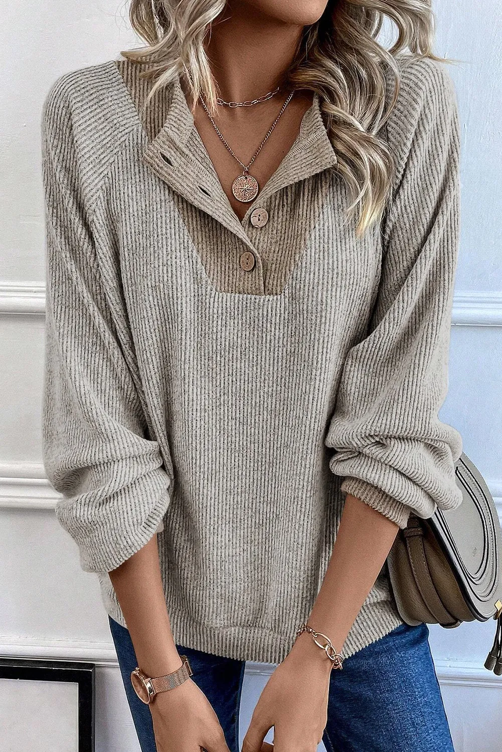 Jet Stream Colour Contrast Ribbed Loose Fit Long Sleeve Top