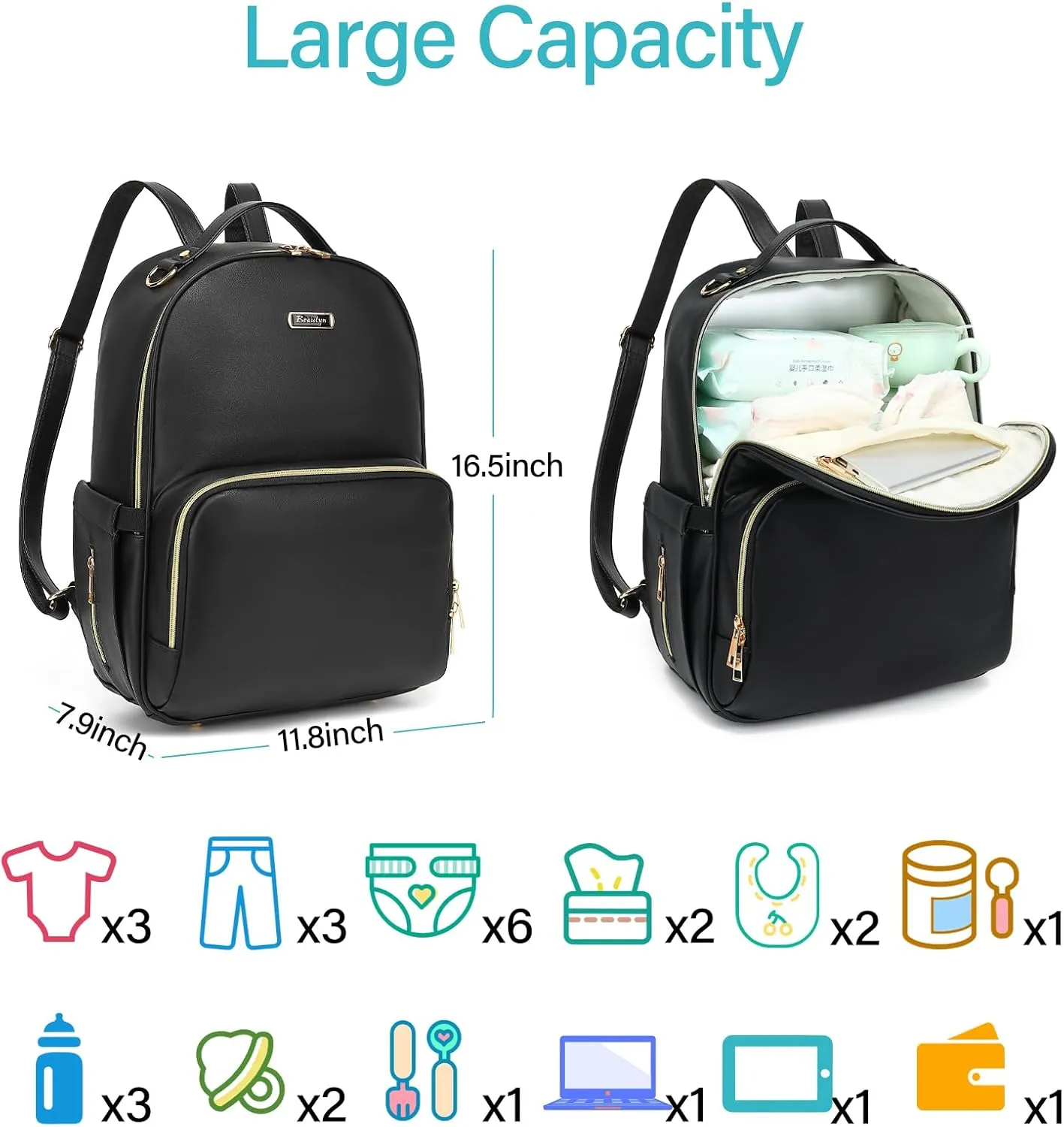 Leather Diaper Bag Backpack - Large Capacity Baby Essentials Travel Baby Bag with Changing Pad, Multi function Waterproof Baby Bag with Adjustable Shoulder Strap & Stroller Straps