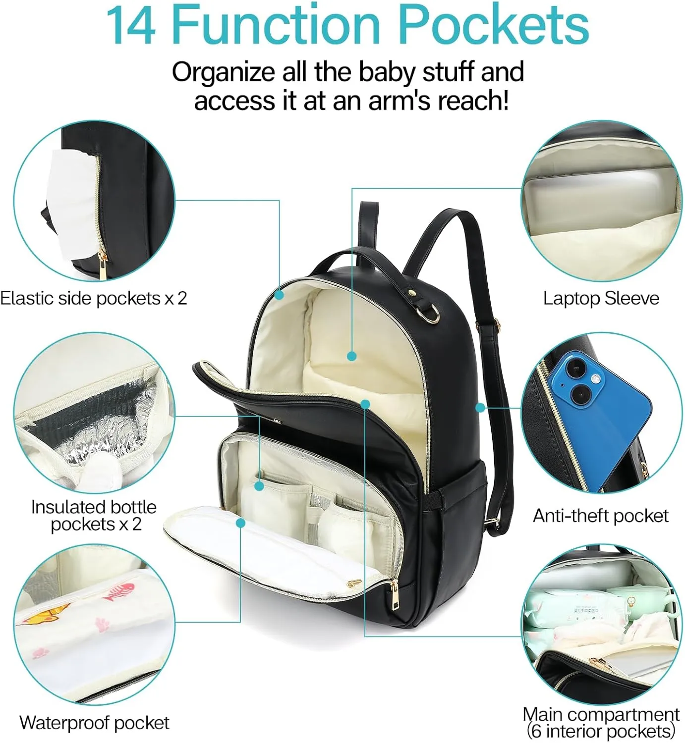 Leather Diaper Bag Backpack - Large Capacity Baby Essentials Travel Baby Bag with Changing Pad, Multi function Waterproof Baby Bag with Adjustable Shoulder Strap & Stroller Straps