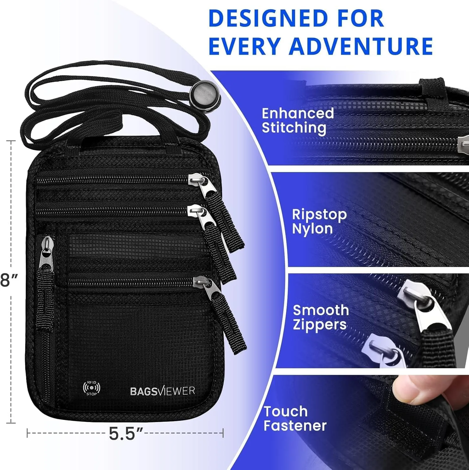 Neck Wallet, RFID Blocking Passport Holder for Travel, Waterproof and Slim Pouch with Adjustable Neck Strap for Men, Women to Secure Cash and Credit Cards, 8" × 8.5"