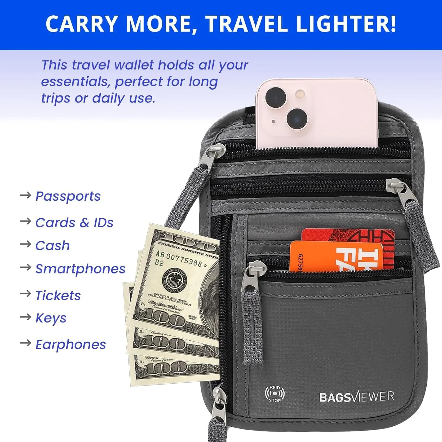 Neck Wallet, RFID Blocking Passport Holder for Travel, Waterproof and Slim Pouch with Adjustable Neck Strap for Men, Women to Secure Cash and Credit Cards, 8" × 8.5"