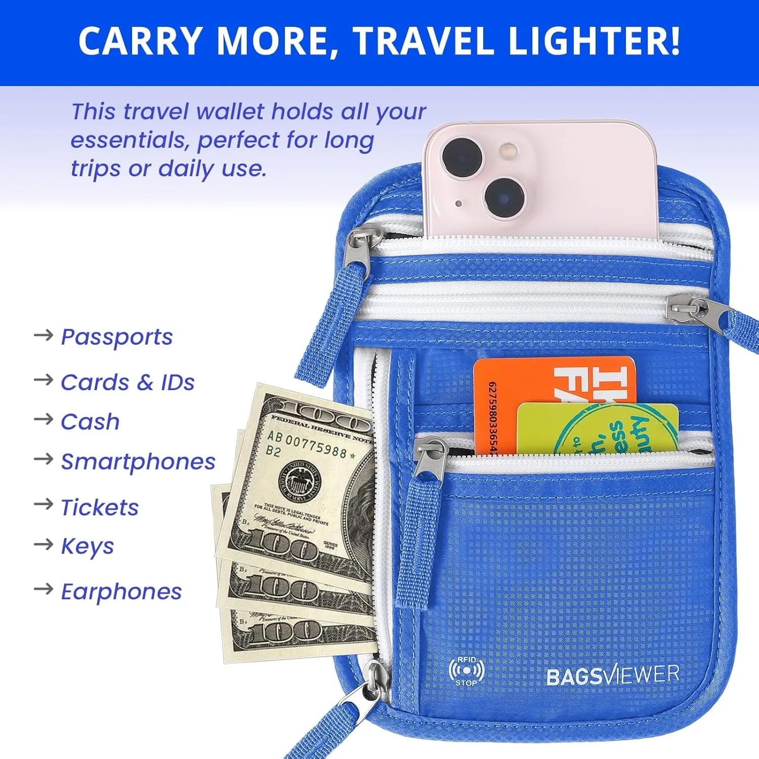 Neck Wallet, RFID Blocking Passport Holder for Travel, Waterproof and Slim Pouch with Adjustable Neck Strap for Men, Women to Secure Cash and Credit Cards, 8" × 8.5"