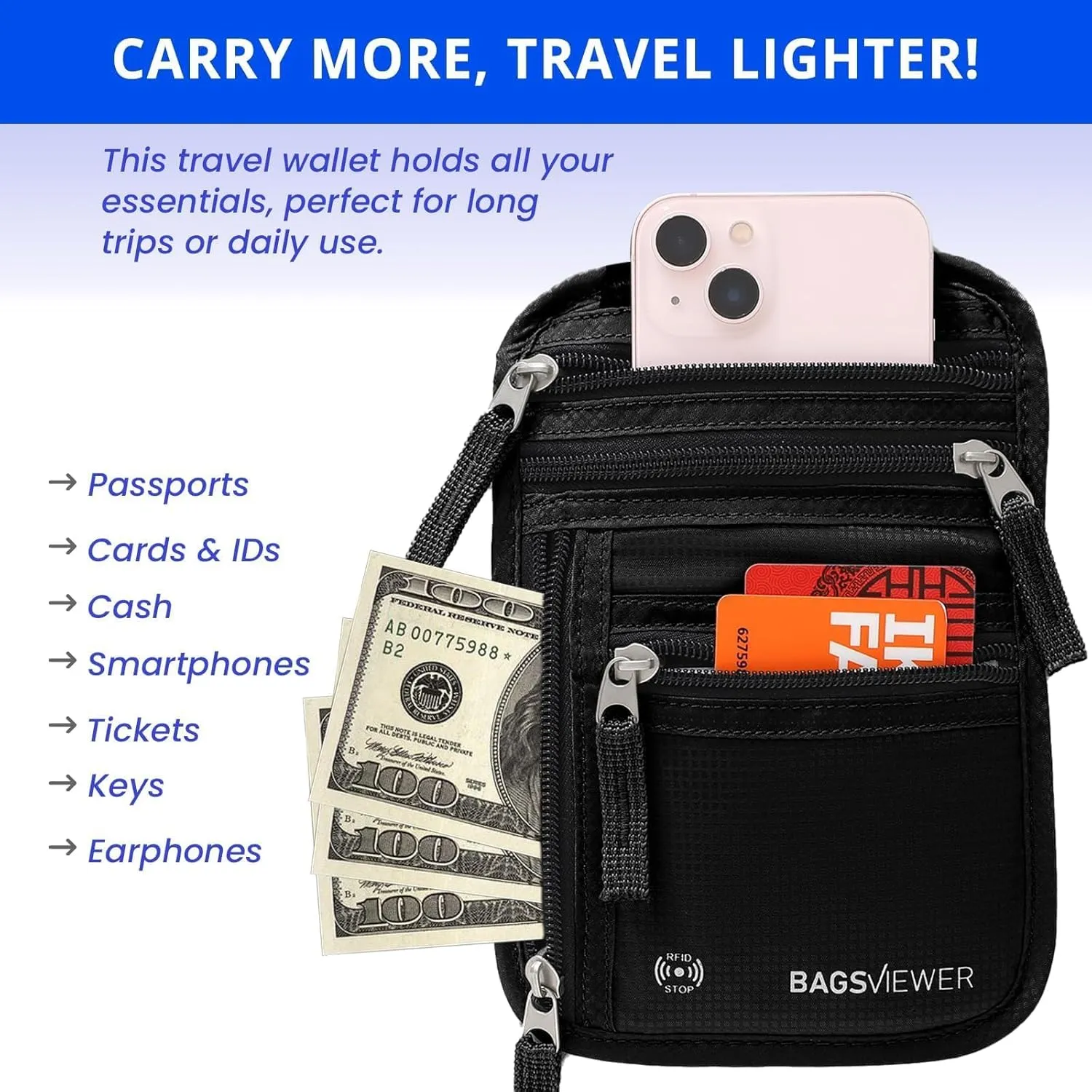 Neck Wallet, RFID Blocking Passport Holder for Travel, Waterproof and Slim Pouch with Adjustable Neck Strap for Men, Women to Secure Cash and Credit Cards, 8" × 8.5"