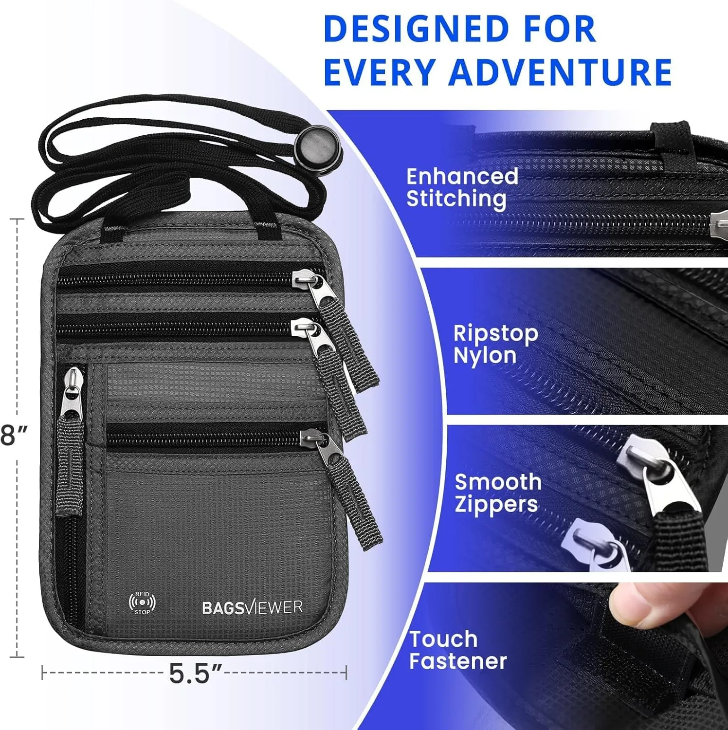 Neck Wallet, RFID Blocking Passport Holder for Travel, Waterproof and Slim Pouch with Adjustable Neck Strap for Men, Women to Secure Cash and Credit Cards, 8" × 8.5"
