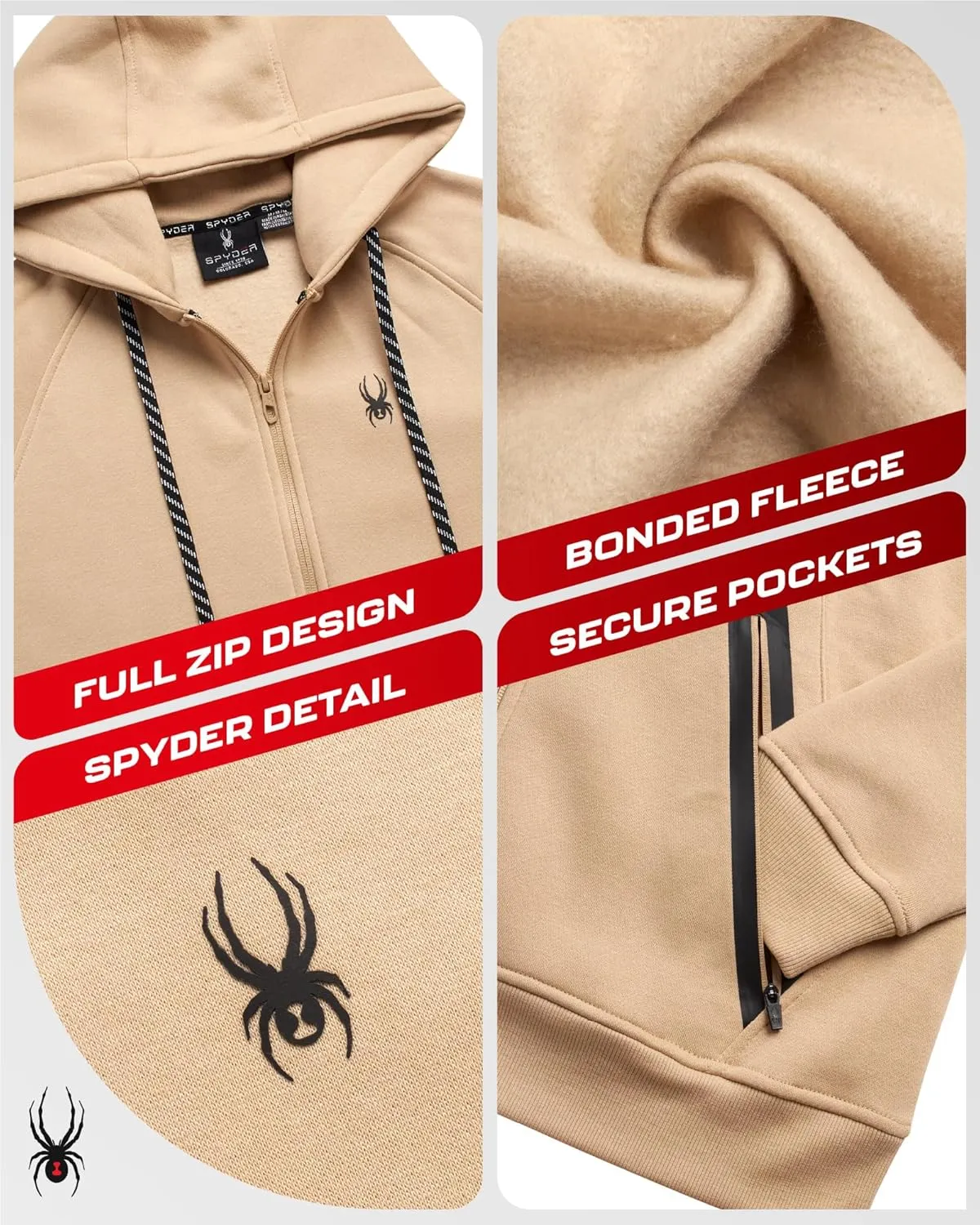 Spyder Mens Zip Up Hoodie - UPF30  Super Soft Fleece Sweatshirt, Warm Athletic Hoodies for Men with Secure Zip Pockets (S-XL)