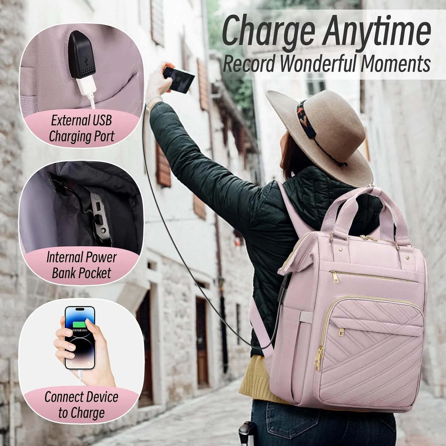 Travel Laptop Purse Backpack for Women, 15.6" Laptop Backpack with USB Charging Port, Personal Item Backpack for Office, Business, College, Light Purple（With make-up bag